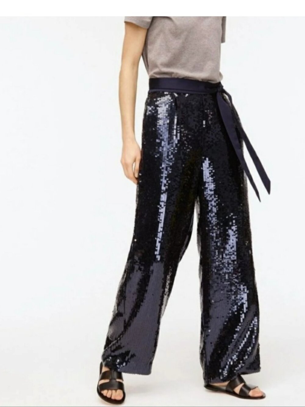 NWT J. CREW Collection Navy Blue Tie Waist Wide-Leg Sequin pants Size L AI221